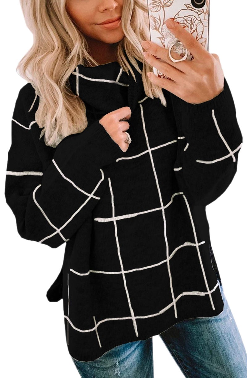 ECOWISH Women Fall Pullover Sweater Turtleneck Plaid Long Sleeve Loose Casual Chunky Checked Knit Winter Sweaters Jumper Tops 014black M - Image 1